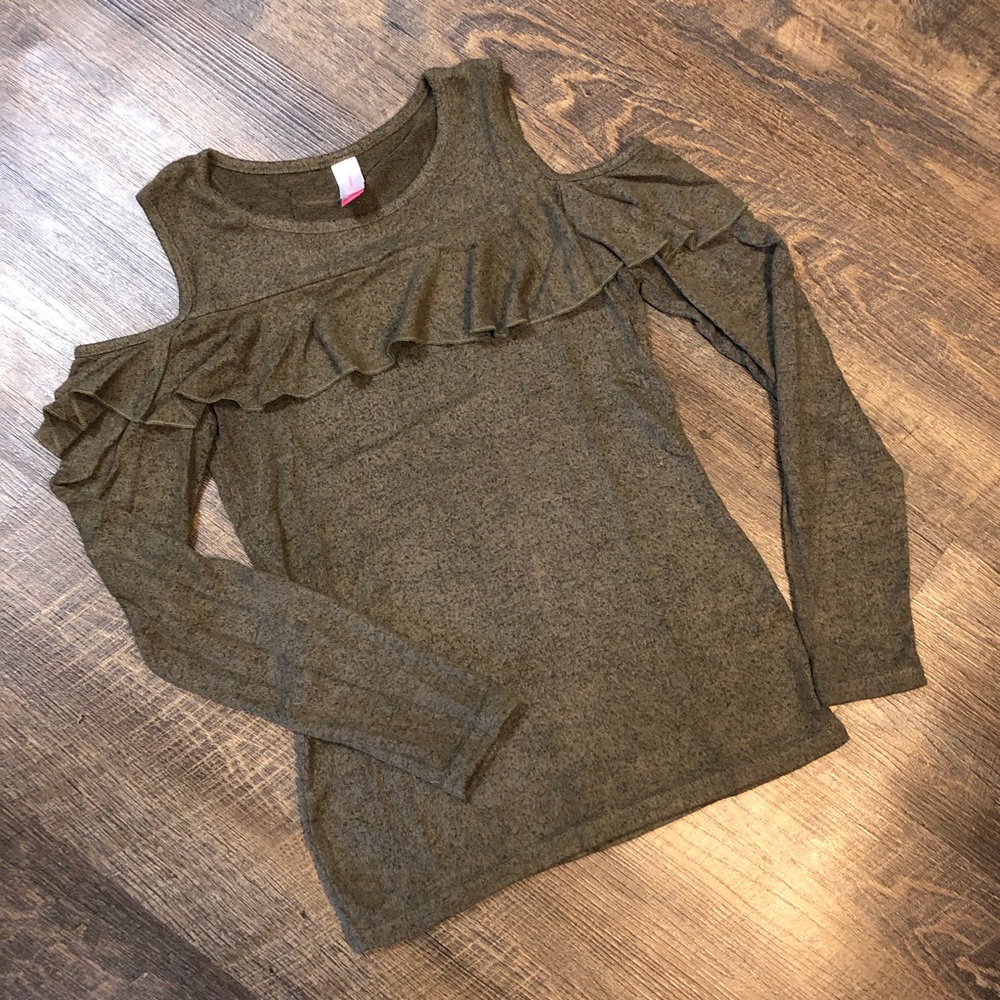 Green top with ruffle on chest size small.